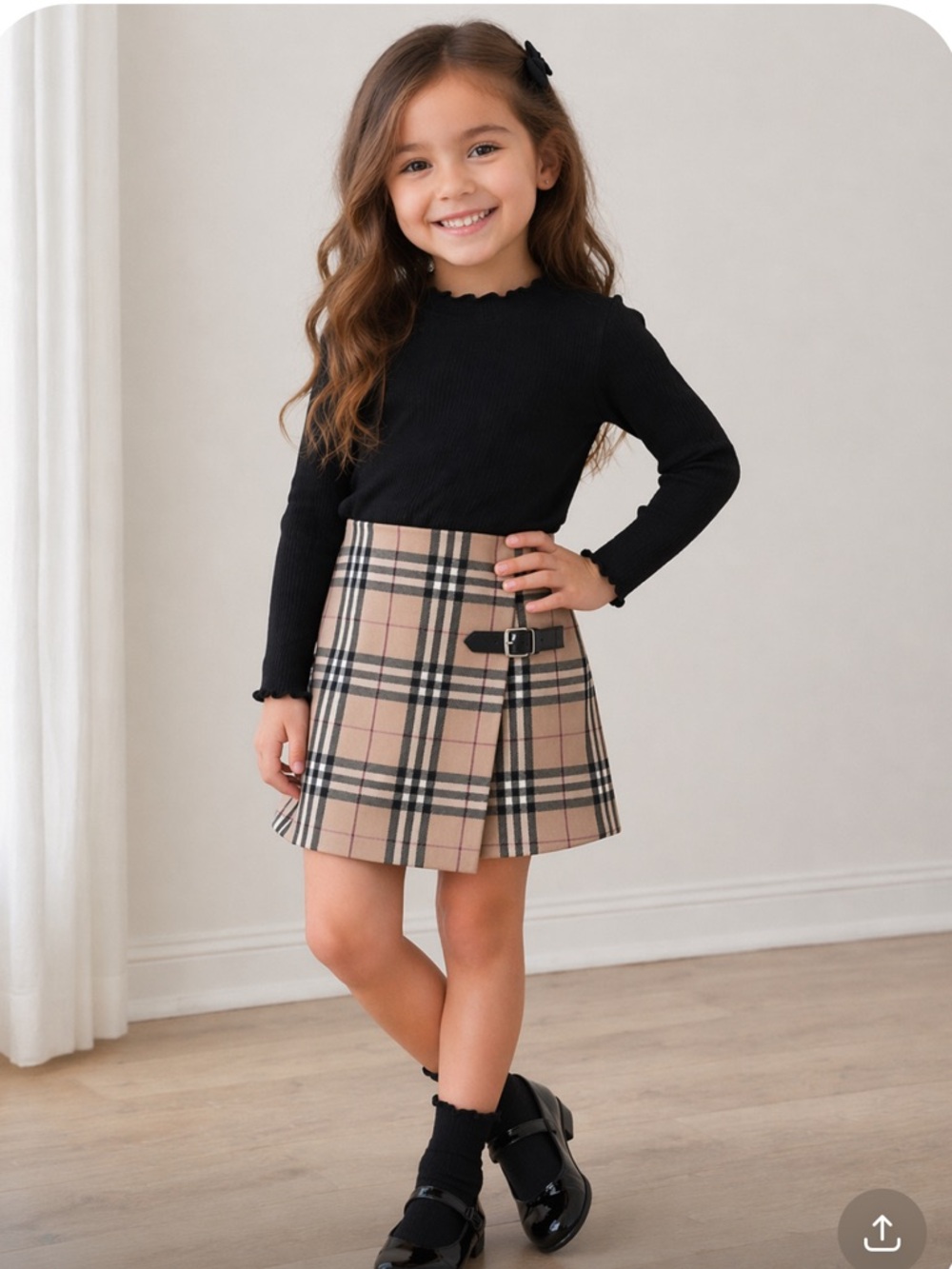 Burberry Tan Black Plaid Pleated Kids Skirt with Buckle